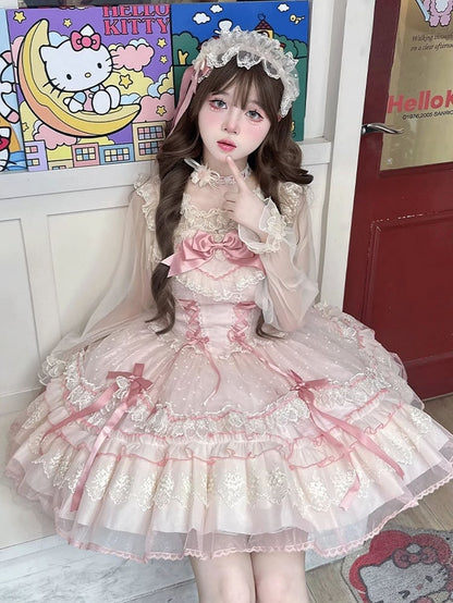Süßes Lolita-Kleid mit Schleife, flatterndes rosa Mieder mit Schnürung, hoch taillierte Ärmel mit großem, abnehmbarem Pulloverrock