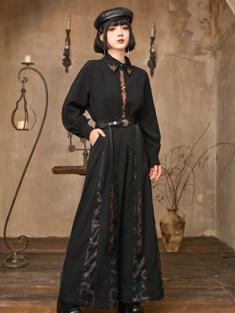 Gold Button Embroidery Black Placket Gothic Animal with Cheongsam Blouse
