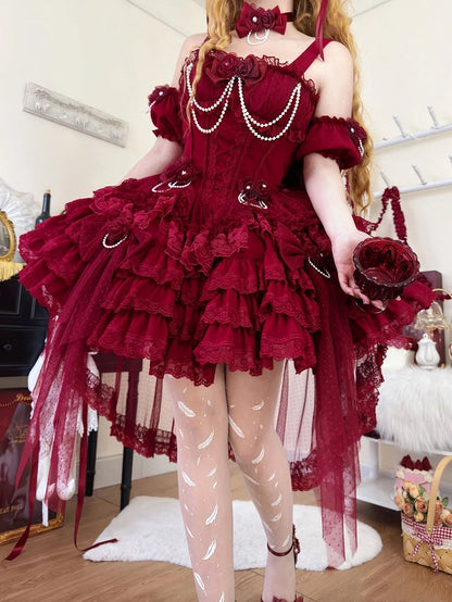 ウエストフラワーバスク裾フェアリースカートドレスジャンパーティアードレッドロリータ花嫁