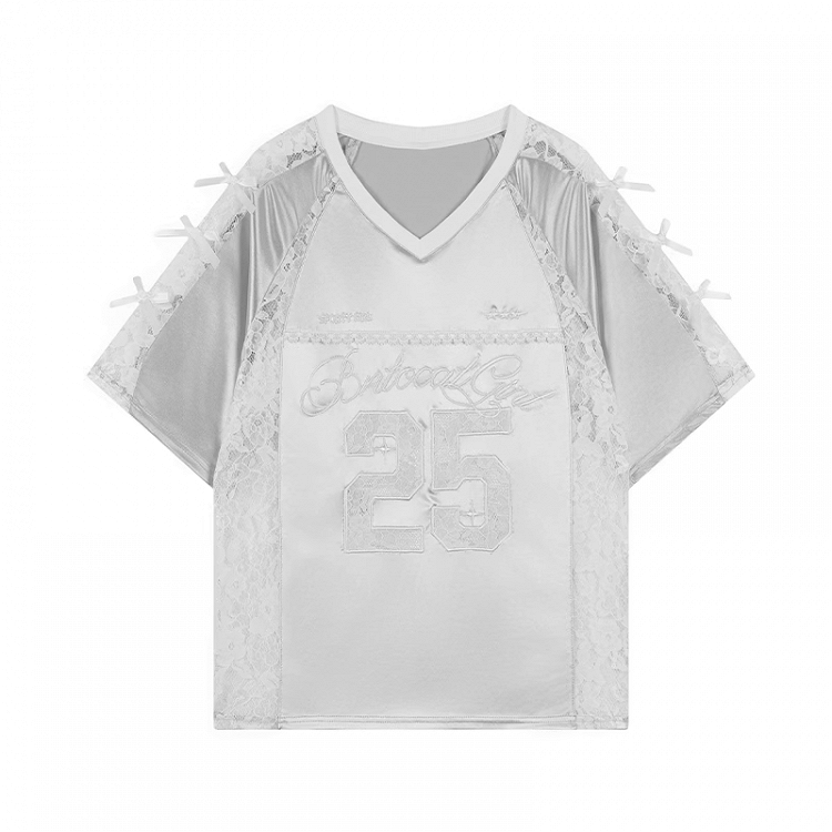 Patches Kontrast Spitze T-Shirt Applikation V-Ausschnitt Satin Schwarz/Silber Nummer