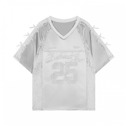 Patches Kontrast Spitze T-Shirt Applikation V-Ausschnitt Satin Schwarz/Silber Nummer