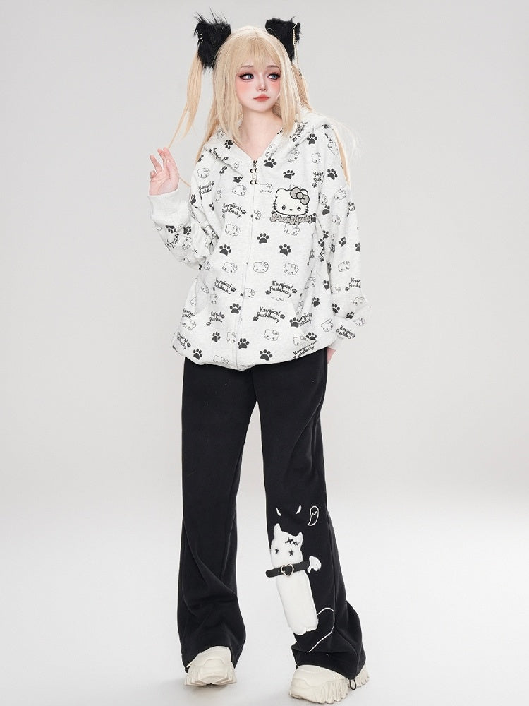 Schwarz/Rosa/Hellblauer Kapuzenpullover mit Kätzchen-Allover-Print