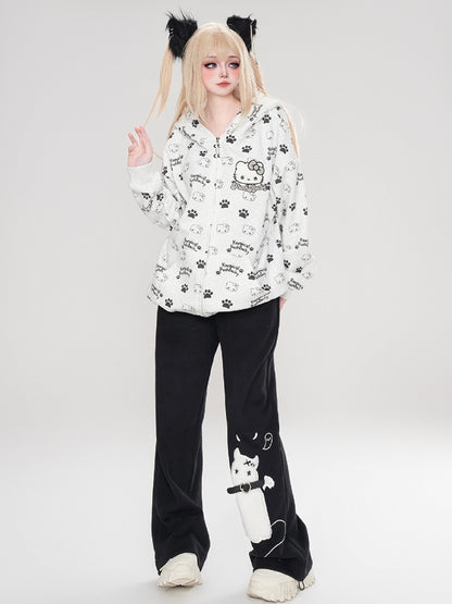 Schwarz/Rosa/Hellblauer Kapuzenpullover mit Kätzchen-Allover-Print