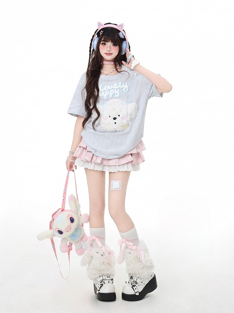 Loose Adorable Plush Puppy Black/Light Blue T-Shirt Round Neck