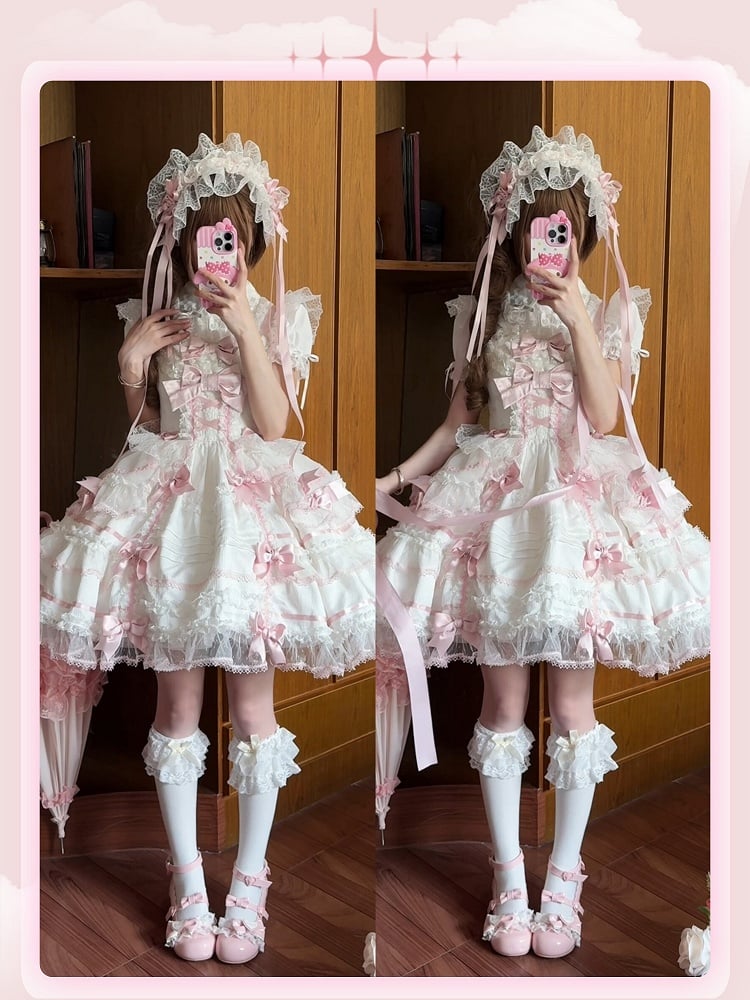 Akzente rosa Pullover Lolita Rock und Prinzessin süße weiße Schleife