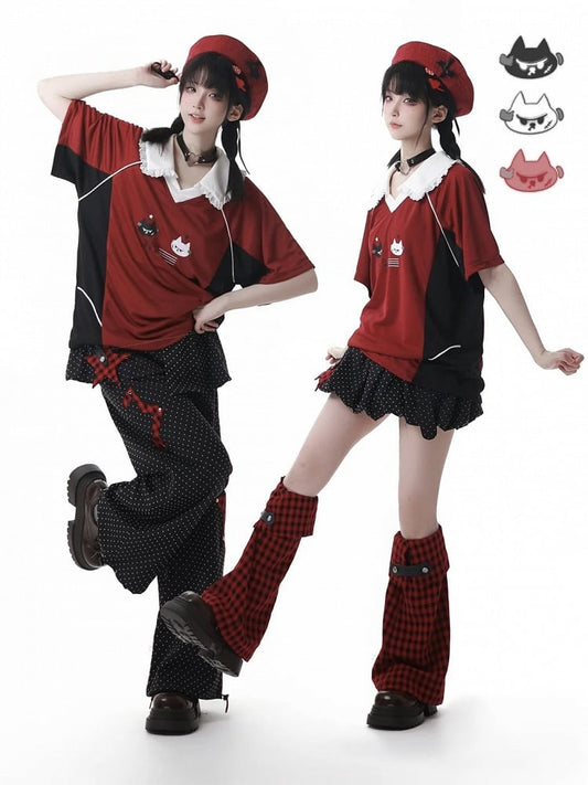 Rot und Schwarz Colorblock Spitz Flachkragen Kätzchen Druck Blokette Core T-shirt Niedlich