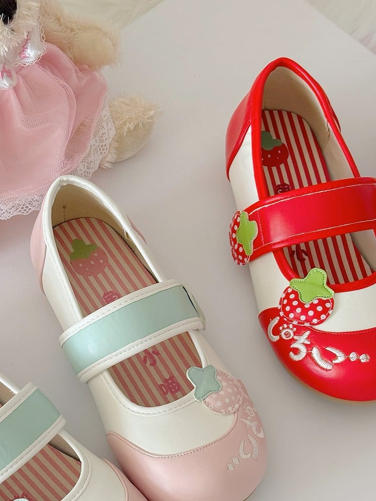 Red Indoor Sweet Shoes Appliques with Soft Round-Toe Soles Strawberry Lolita
