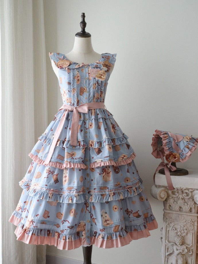 Cookie Hamster Sweet Lolita and Ruffle Print Dress Pink Hem Blue