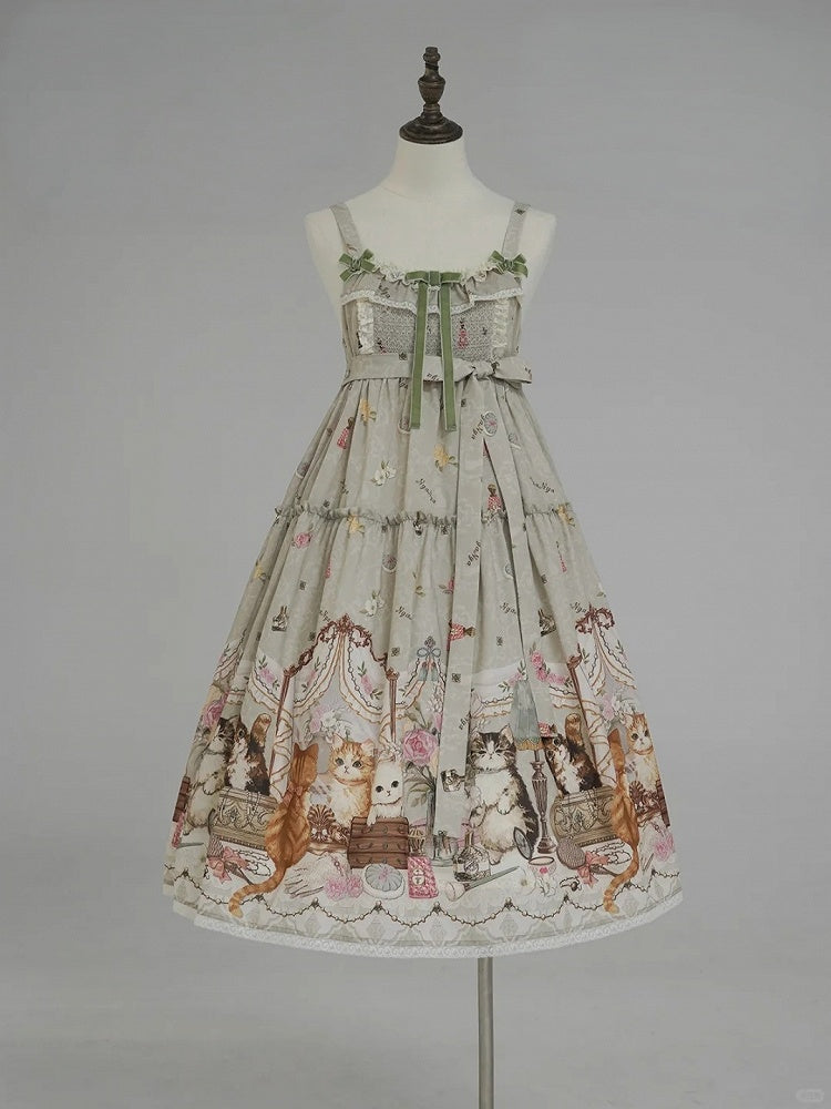 Green Cat Print High Waist Sweet Lolita Jumper Skirt - NyaNya