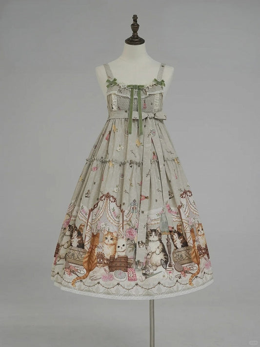 Green Cat Print High Waist Sweet Lolita Jumper Skirt - NyaNya