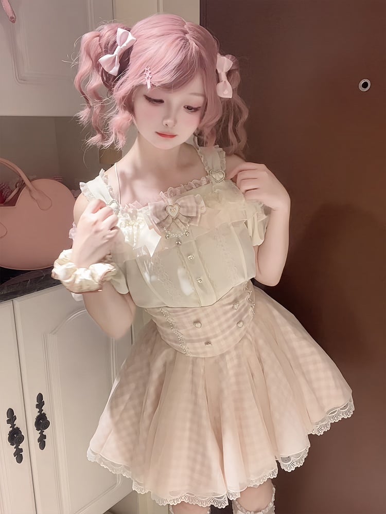 Top with Off-the-shoulder Jirai Kei Apricot Neckline and Pink Lace Trim