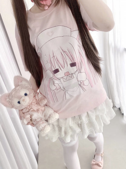 Ear Pink with Cat Pattern Neck Nurse Cotton Crew T-shirt