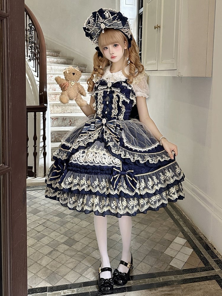 Neckline Chain Gorgeous Lolita Bow Dark Bead Princess Dress Blue