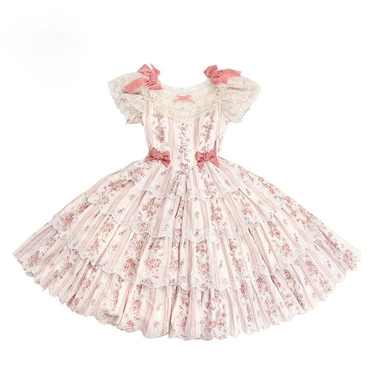 Accents Lolita PinkBeige Print Lace Stripe Bow Elegant Classic Floraland Dresswith Tiered Ruffle