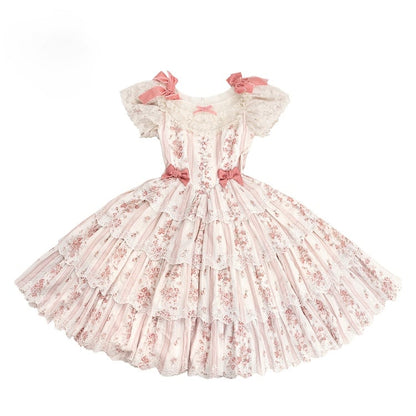 Accents Lolita PinkBeige Print Lace Stripe Bow Elegant Classic Floraland Dresswith Tiered Ruffle
