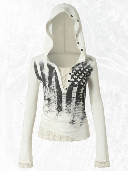 Off-white Two-piece V-Neck Print Hooded Lace Long Top Star Sleeve Slim-fitting Panel -