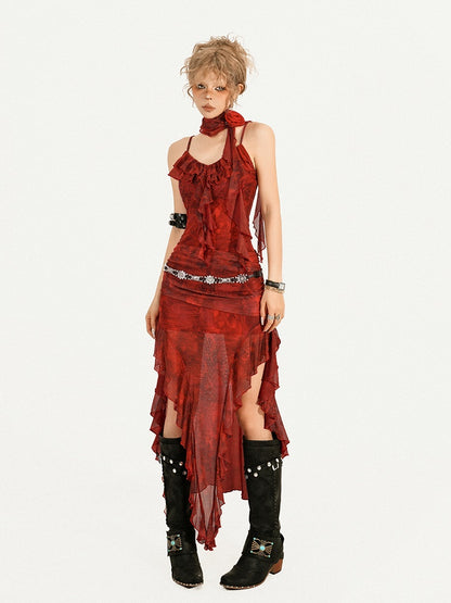 Slip Red Asymmetrical Tie-Dye Brooch Floral Print Layered Mesh with Flame Dress Hem