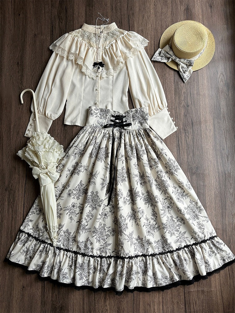 Lace Rosette Print Black Lolita Elegant Waist High with Trim Beige Boned Classic Skirt