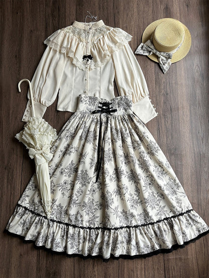 Lace Rosette Print Black Lolita Elegant Waist High with Trim Beige Boned Classic Skirt