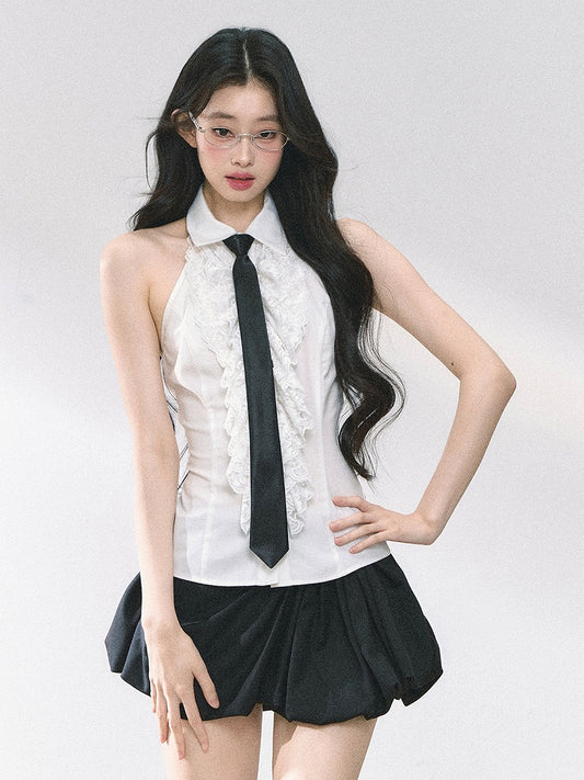 White Ruffled Lace Trim Sleeveless Shirt with Free Tie