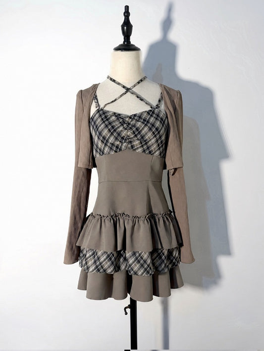 Chestnut Landmine Two-Piece Ensemble with Knit Cardigan and Plaid Halter Tiered Ruffle Dress - GingaU