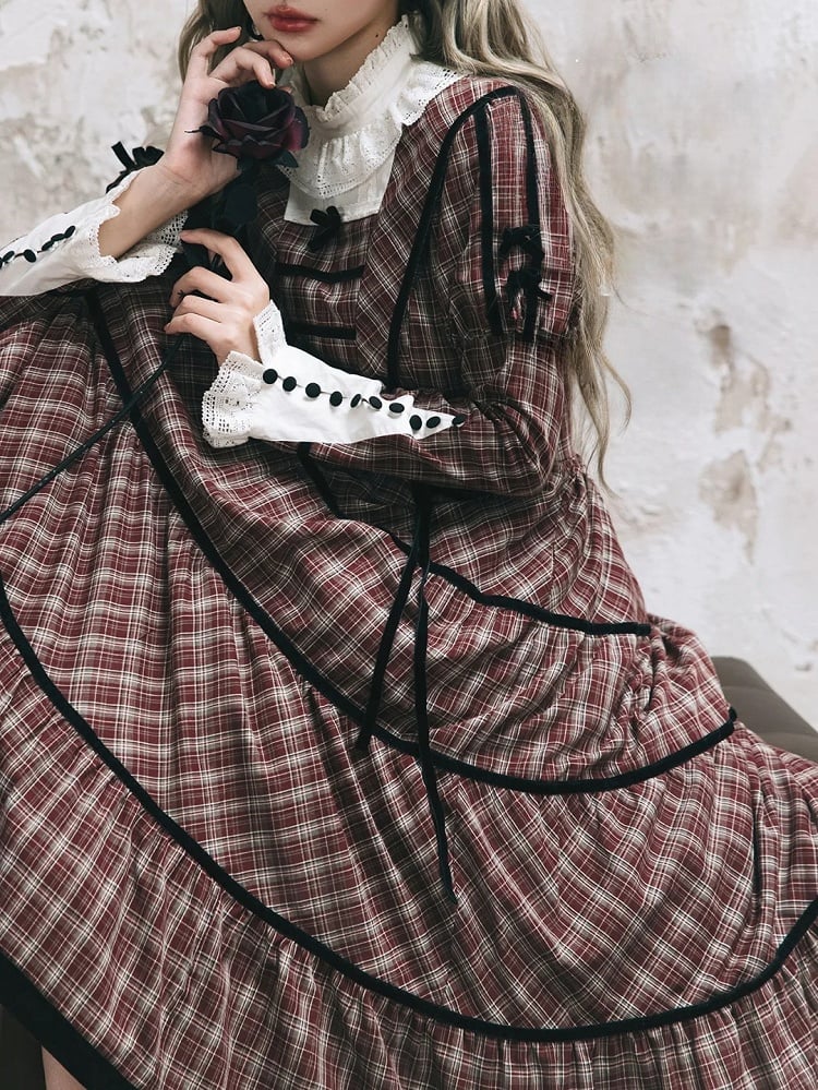 Neckline with Lace Black Long Classic Plaid Sleeves Lolita Dress Elegant Red and Piping