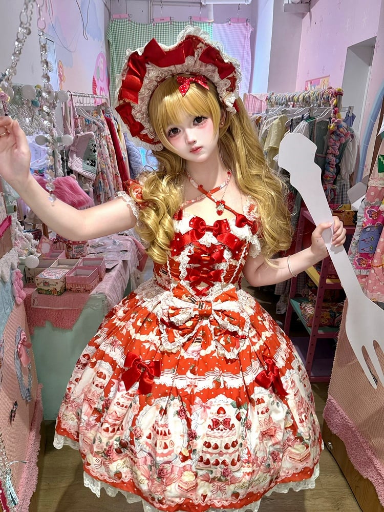 Set Sweet Print / Volle Erdbeere Lolita Schleife Kuchen Kleid Akzente Rot