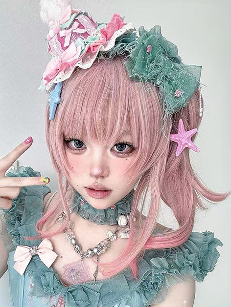 Length Wavy With Ponytails Shoulder Claw + Clips Bangs Two Pink Wigs