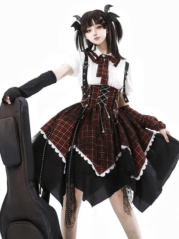 Plaid Punk Detachable Sleeves Black Red Lolita