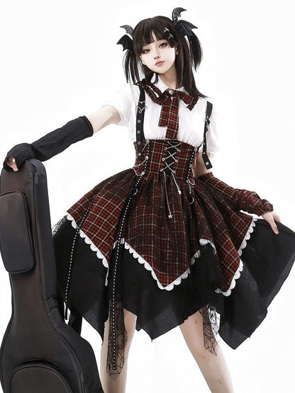 Plaid Punk Detachable Sleeves Black Red Lolita