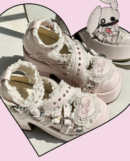 Plateau-Absatz mit Strass-Dekor und Absätzen: – Schnallenriemen Kei Criss-Cross Pink Chunky Lace High Jirai