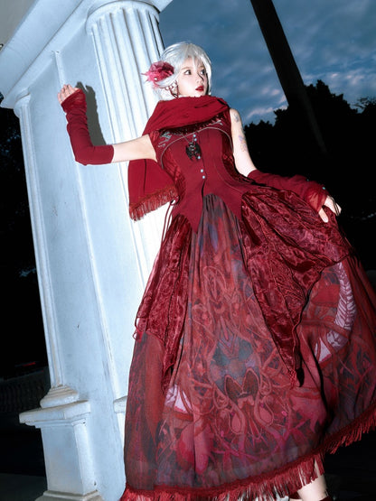 不規則な刺繍オーバーレイが施されたレッドドラゴンプリントスカート