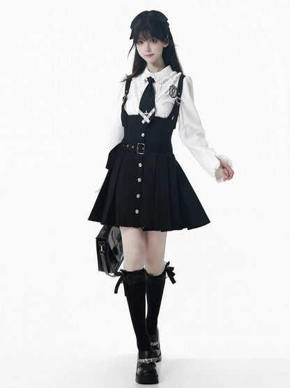 Skirt Box Pleat Overall Belt Strap Adjustable with Black/Gray