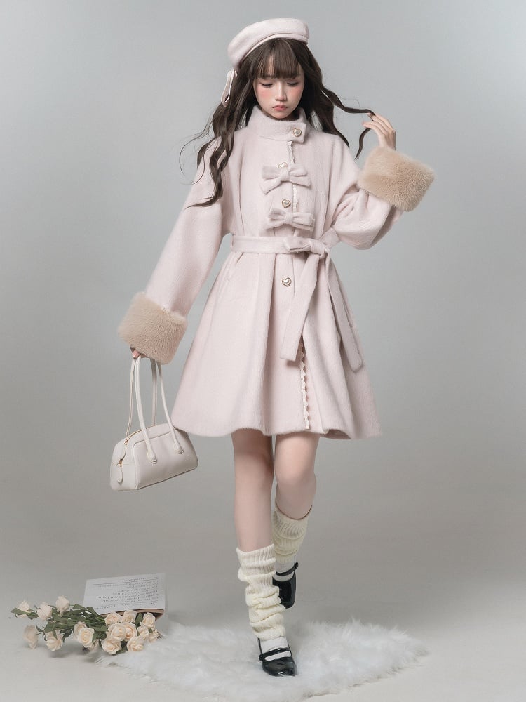 Jirai Manteau en Laine Cœur Nœud à Bouton Style Pur Décor Kei Rose
