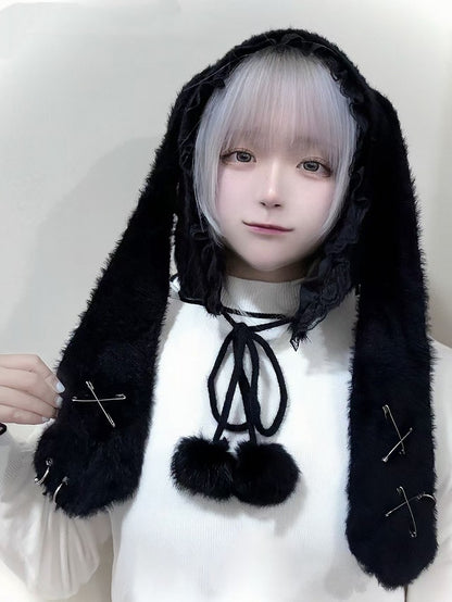 Black Bunny Ears Plush Hat with Self-tie Pompon Straps and Pin Details