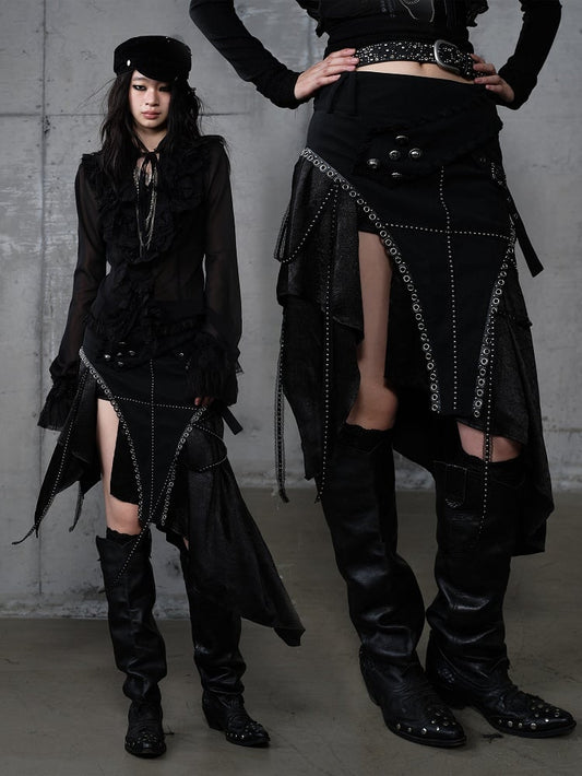 Rock mit Verzierungen PU Taschentuch Saum Punk Gothic Metal Schwarz