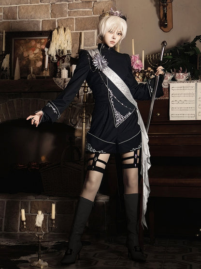 Design Asymmetrical Black Embroidered with Ribbon + Top Garters Ouji Shorts Lolita Silver