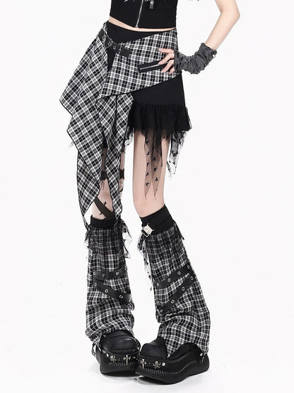 White Black Plaid Asymmetric Skirt with Buckle - CRAZY GIRL