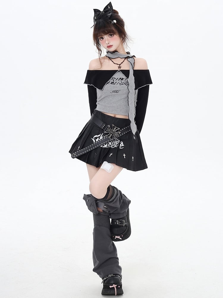 Grey Letters Off-the-shoulder Neckline Cropped Top with Free Scarf