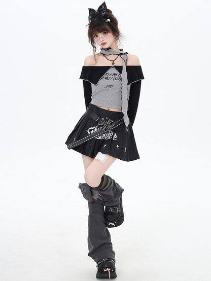 Grey Letters Off-the-shoulder Neckline Cropped Top with Free Scarf