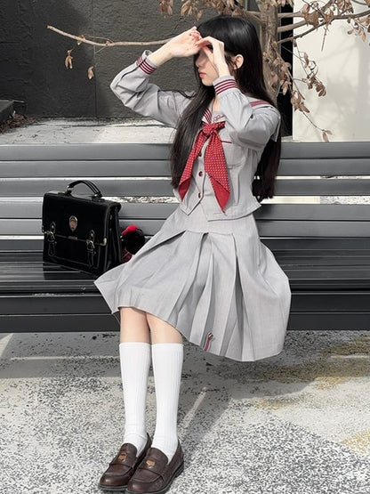 袖付きグレーロングブラウスセーラーJK刺繍襟制服花柄