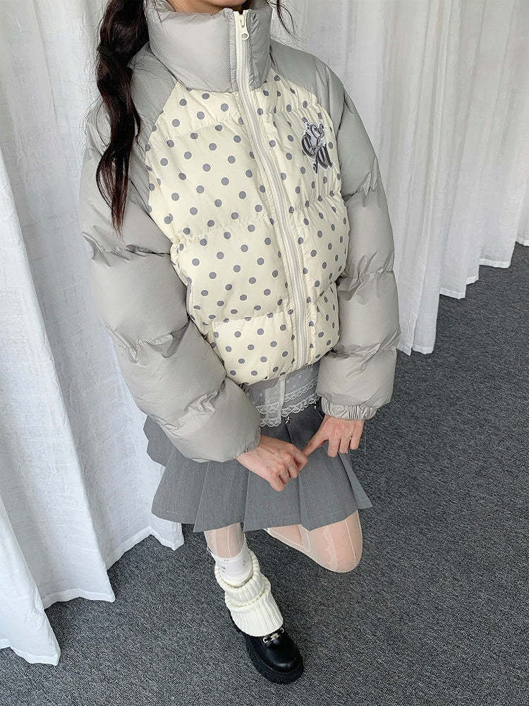 Beige Colorblock Cuffs with Embroidered Elastic Dot Letters Design Jacket Polka