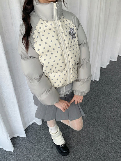 Beige Colorblock Cuffs with Embroidered Elastic Dot Letters Design Jacket Polka