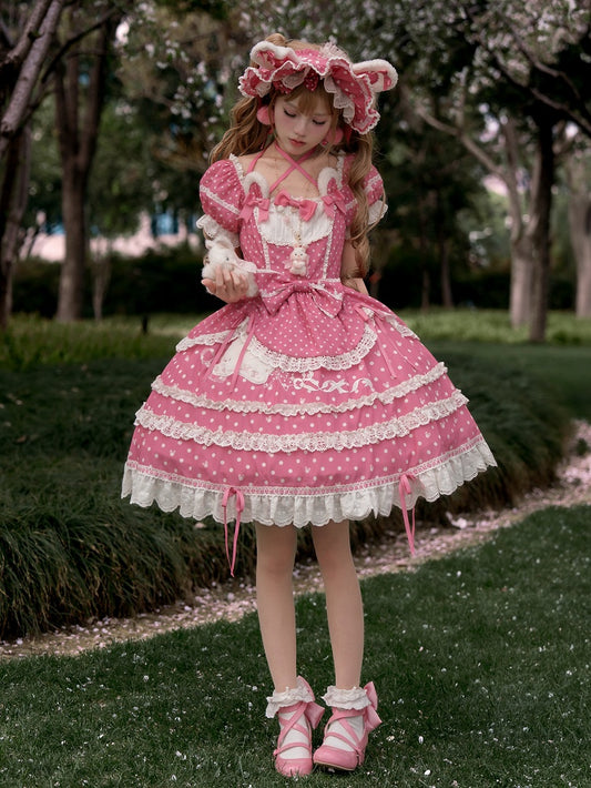 Ohren Quadrat Muster Kleid Bunny Polka Dots Lolita Ausschnitt Rosa Plüsch Süß Dunkel
