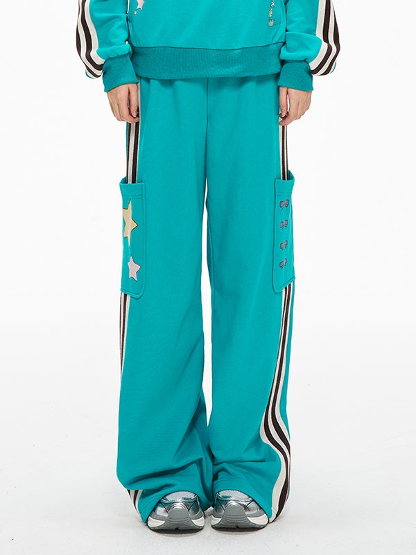 Pockets Striped Blue Side Sweatpants Cargo Sporty with Details