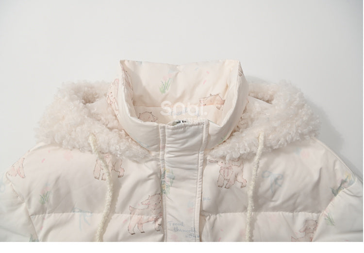 Süße weiße Daunenjacke mit Kapuze und Lamm-Print, kurze/lange Version