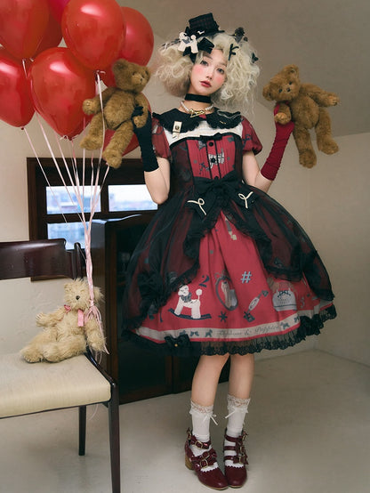Puppy and Telephone Print Black and Red Peter Pan Collar Sweet Lolita Dress