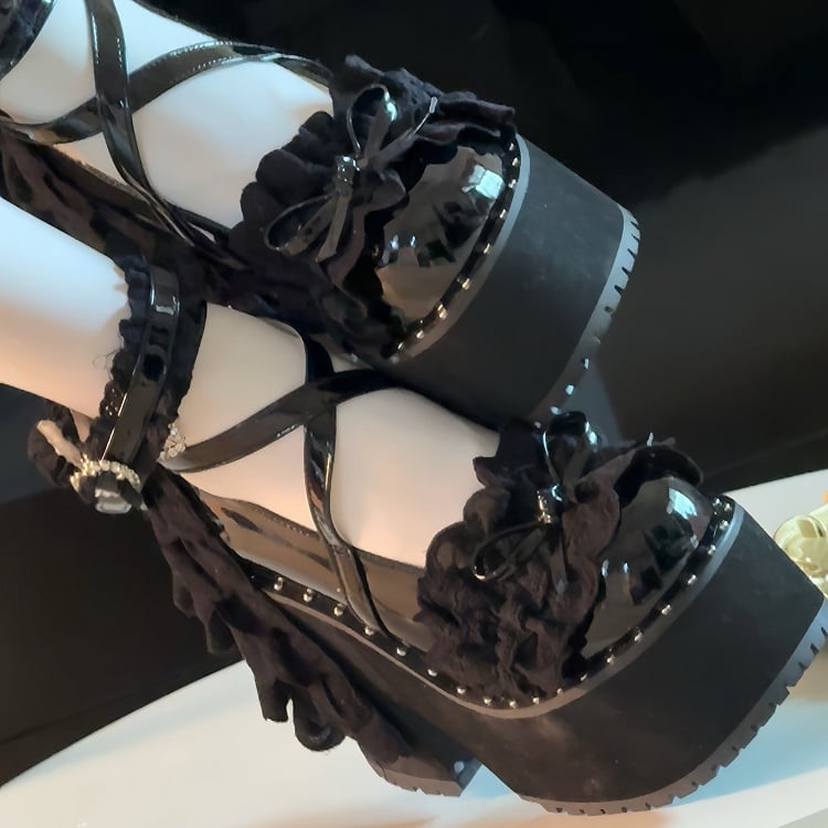Buckle Heart Vamp Black Block Multi-Layer Rhinestone - with Knotted Platform Gothic High Heel Bow Heels Lace