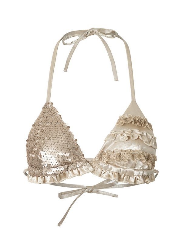 Vintage Punk Apricot Satin Halter Bralette with Sequin and Lace - NO ROMANCE