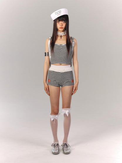 Slip Crop White Black Striped with Button-Front Top